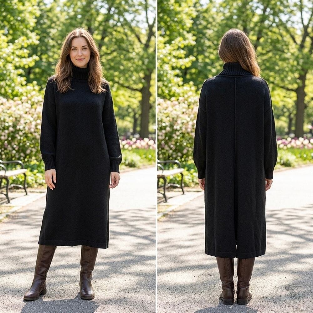 SHEIN Women’s Black Knit Turtleneck Midi Sweater Long Sleeve Dress Size Small